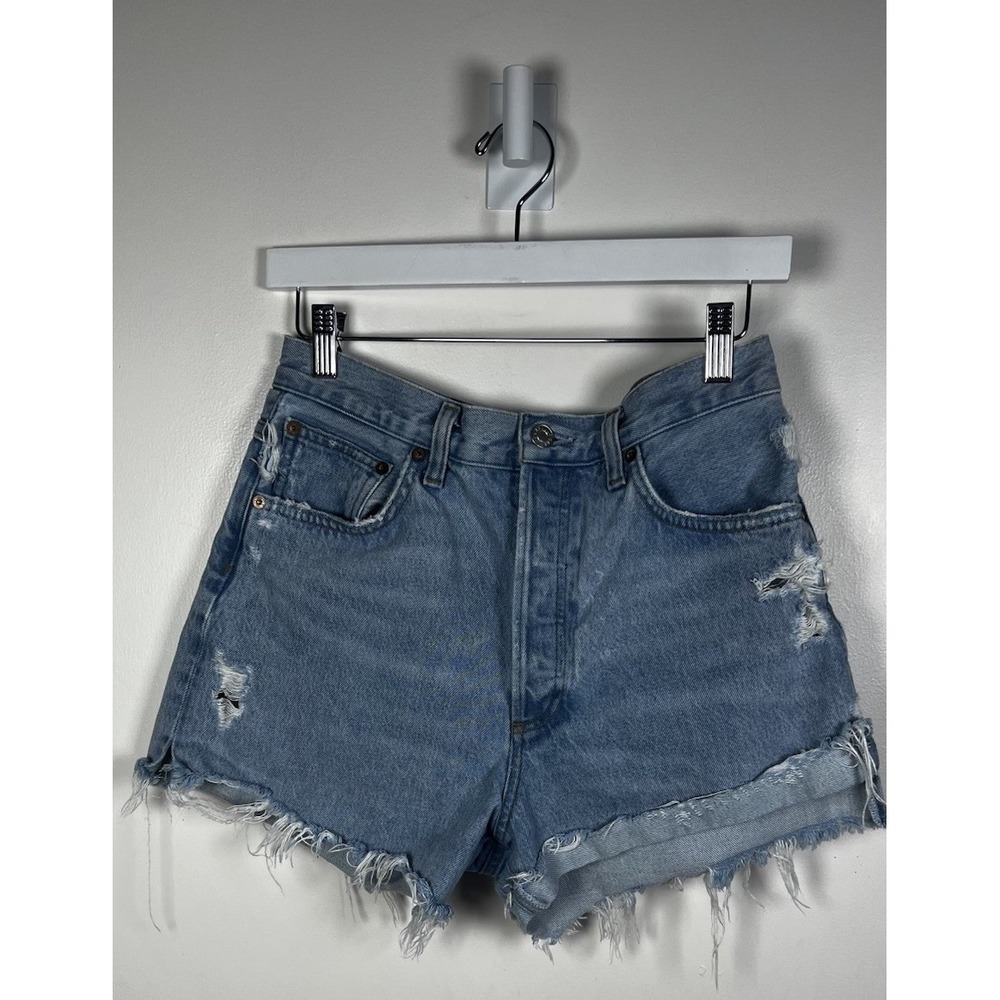 Agolde Dee Vintage High Rise Blue Denim Distressed Shorts Button Fly Size 28 EUC - Picture 4 of 11